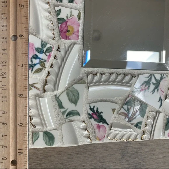 Mirror & 3 Heart Key holders Mosaic China wall art Handmade Victorian Cottage